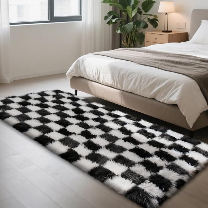 Checkered Rug for Bedroom, 2x6 Black and White Area Rugs, Classic Checkered Carpets Shaggy Area Rug, Bedside Rugs for Living Room Bedroom Kids Room Home Decor