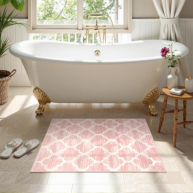 Lahome Moroccan Washable 2x3 Rugs Pink Bathroom Rugs Non-Slip Bathroom Mats,Kitchen Rugs Throw Kids Nursery Rug, Small Soft Girls Dorm Bedside Rug Modern Trellis Carpet for Bedroom Laundry Living Room