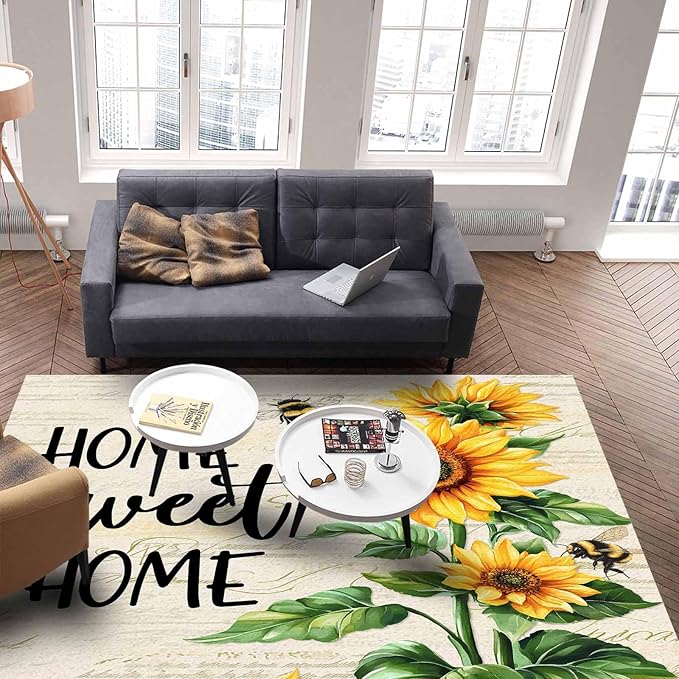 Summer Sunflowers Rectangular Area Rugs for Living Room Bedroom 5 x 6.9 ft Rustic Floral Bees Green Leaves Non-Shedding Soft Low Pile Rug Non Slip Washable Rug for Nursery Entryway Playroom