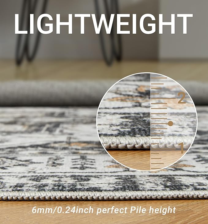 zesthome Area Rug 8x10,Ultra-Thin Washable Rugs for Living Room, Non-Slip Backing Area Rugs,Small Entryway Rug,Vintage Medallion Pattern Rugs (Black,8'x10')