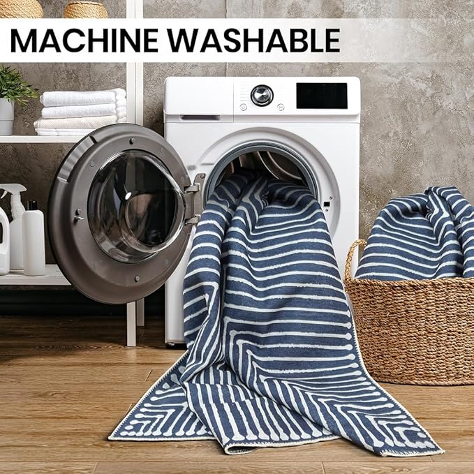 GLN Rugs Contemporary Collection - Machine Washable Area Rug, Contemporary Washable, Non Slip, Low Pile Chenille Rug, Living Room, Bedroom, Kitchen Rug (2' x 3' Lines Blue)