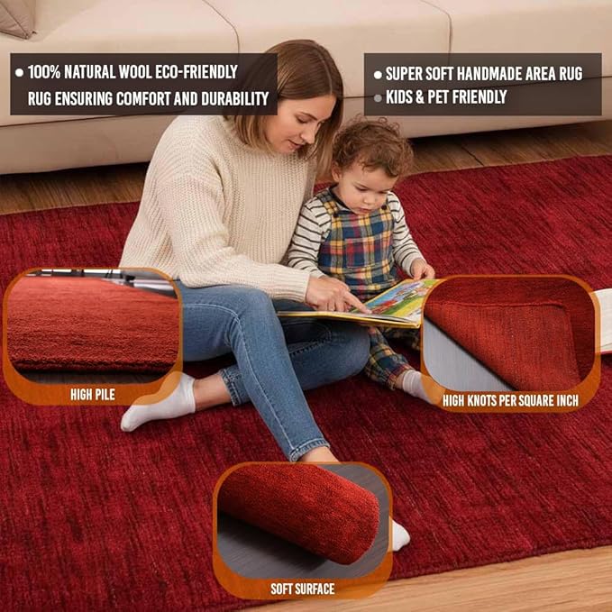 Rugsotic Carpets Hand Knotted Gabbeh Wool 5'x8' Area Rug Solid Red L00111