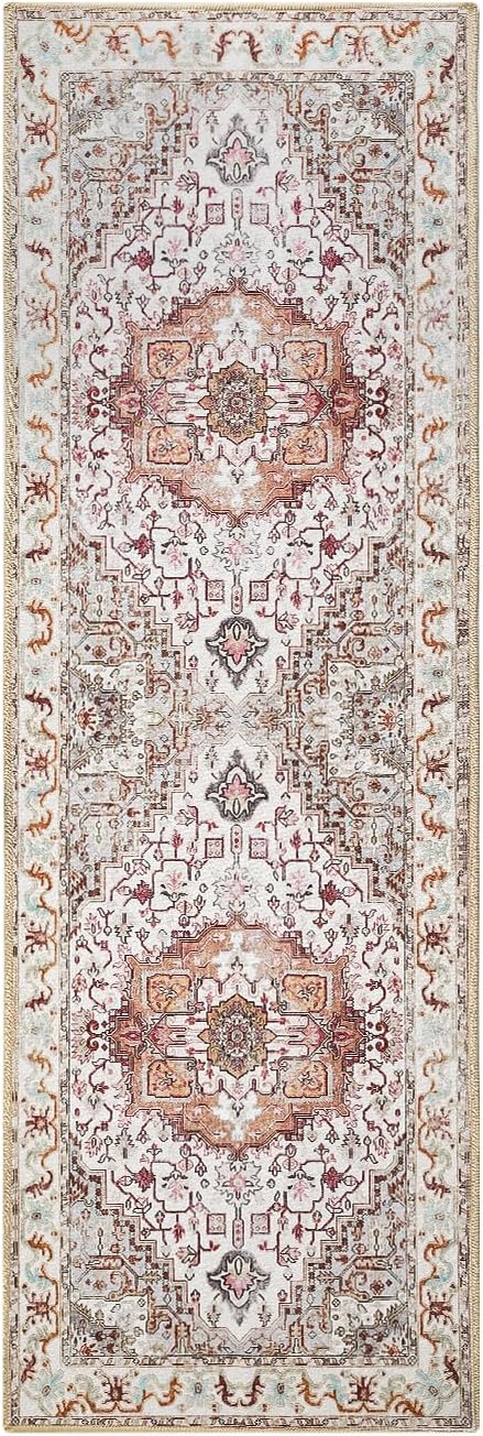 Runner Rug 2×6, Machine Washable Non-Slip Vintage Area Rug, Low Pile, Indoor Carpet Printed Floral Rugs for Living Room, Entryway, Kitchen, Bedroom,Beige