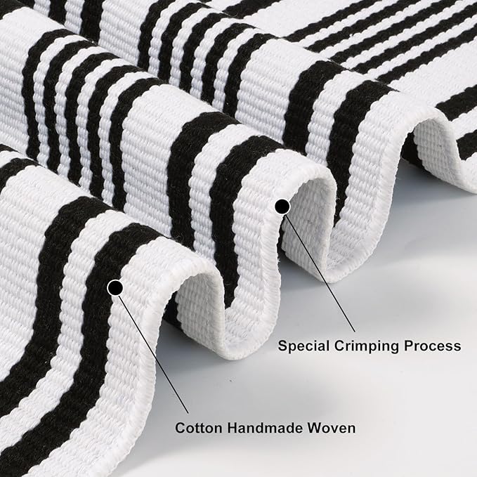 Outdoor Rug Front Door Mat 2'x4.3', Cotton Indoor Doormat Washable Black and White Striped Rug, Foldable Reversible Layered Door Mats for Entryway/Farmhouse/Home Entrance