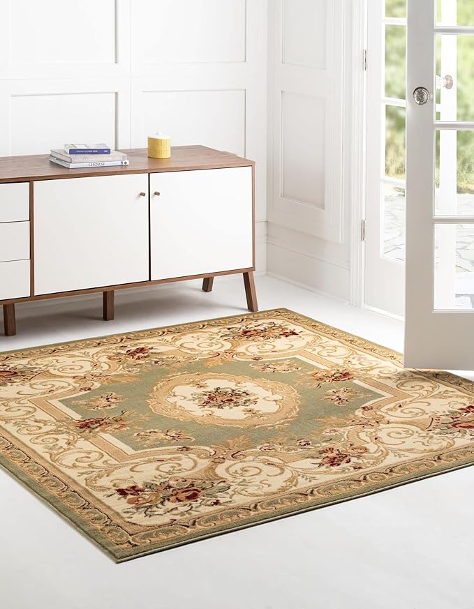 Unique Loom Versailles Collection Traditional Classic Floral Motif Area Rug (5' 0 x 5' 0 Square, Green/Ivory)