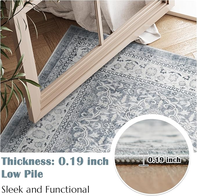 jinchan Floral 6x9 Area Rugs for Living Room - Machine Washable Vintage Distressed Boho Design Throw Rug Stain Resistant Carpet Low-Pile Thin Non-Slip for Bedroom Dining Room Nursery (6‘x9', Grey)