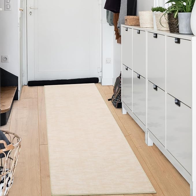 RUGSREAL Machine Washable Runner Rug 2x8 Long Entryway Throw Mat Contemporary Soild Kitchen Runner Rug Low-Pile Modern Carpet for Hallway Laundry Bedroom Living Room, 2'3" x 8' Ivory Beige