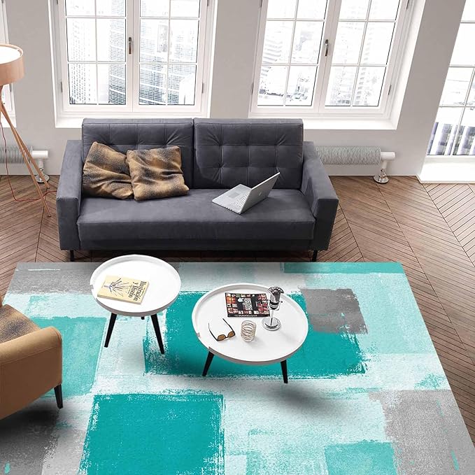 Teal Green Rectangular Area Rugs for Living Room Bedroom 5 x 8 ft Abstract Paint Texture Modern Art Non-Shedding Soft Low Pile Rug Non Slip Washable Rug for Nursery Entryway Playroom