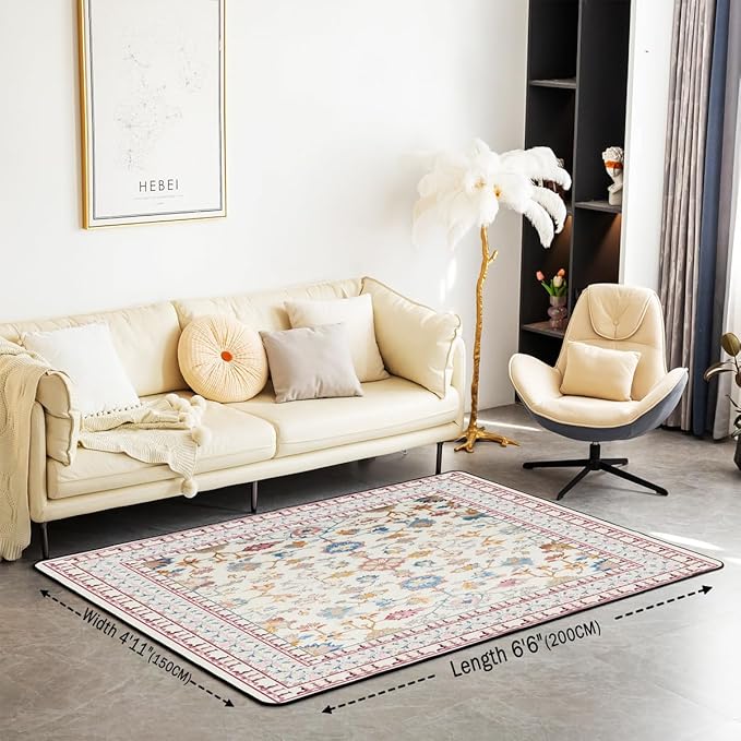 Boho 5x7 Area Rug Vintage Floral Living Room Rug | Art Deco Abstract Rugs for Bedroom, Retro Tribal Aesthetic Oriental Carpet Indoor Floor Mat