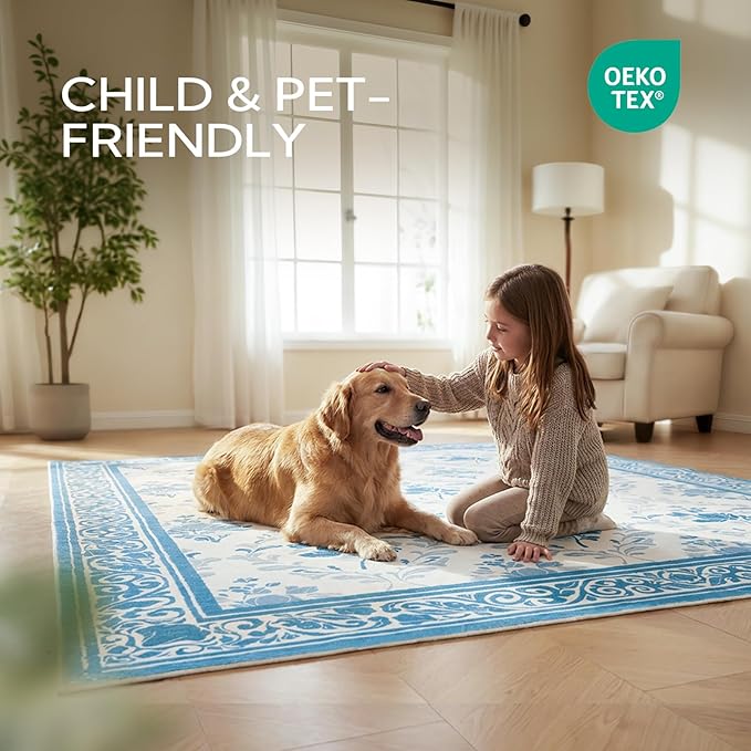 SOULFUL Medium Pile 3x5 Area Rug - Soft Underfoot Small Entryway Rug - Blue Boho Floral - Washable Non-Slip - Perfect for Living Room Bedroom Foot Kids Room Reading Nook