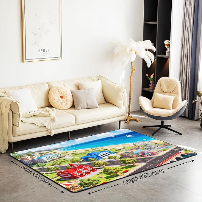 Kids Large Area Rug 5x7 City Life House Living Room Rug | 3D Cityscape Rugs for Bedroom, Fun Educational Gift Urban Landscape Carpet Indoor Floor Mat
