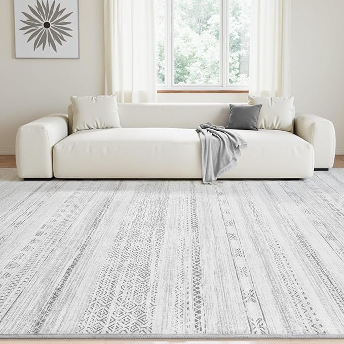8x10 Area Rugs for Living Room Machine Washable Rug Distressed Indoor Carpet Neutral Moroccan Boho Rug Ultra Soft Area Rug for Bedroom Dining Room Playroom Office, Grey