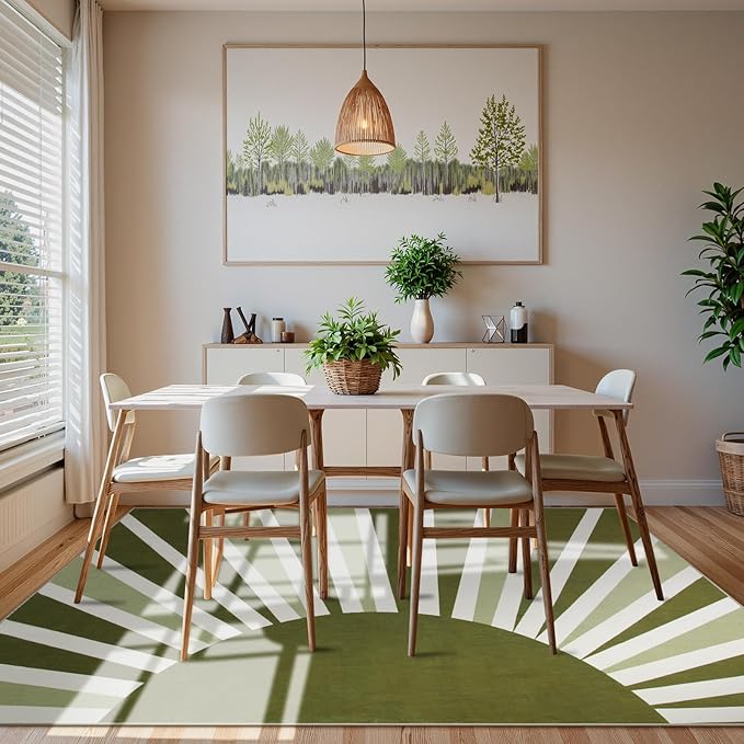 Lahome Washable Rugs 9x12 - Non-Slip Living Room Rug 9x12 Ultra-Thin Large Soft Bedroom Rugs, Boho Rainbow Sun Print Indoor Stain Resistant Floor Rug for Dining Room Table Office (9'x12', Green)