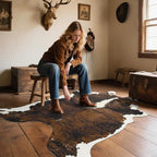 AROGAN Western Decor Faux Fur Cowhide Rug, 6.2x7 Feet Premium Animal Skin Cow Hide Rug, Sturdy Cow Print Rugs for Wall Decor, Western Floor Carpet for Bedroom Living Room, Black and Brown