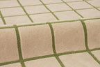 Scalloped Border Wool Area Rug with Windowpane Grid, Hand-Tufted, Beige-Blush with Sage Lines & Light Purple Edge - Soft High-Low Pile for Living Room, Bedroom, Nursery - 8x11 Ft