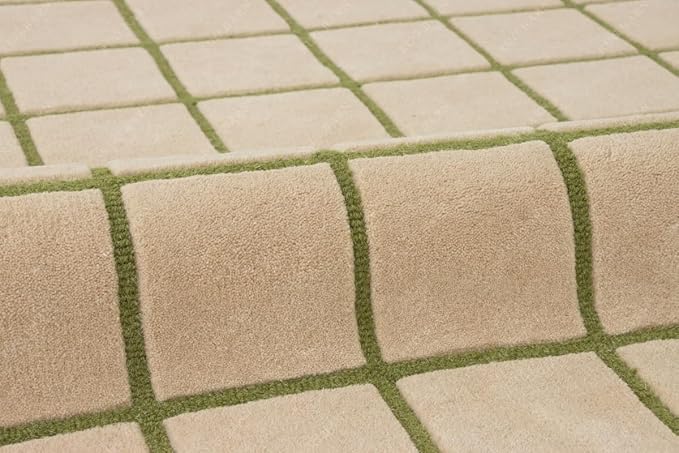 Scalloped Border Wool Area Rug with Windowpane Grid, Hand-Tufted, Beige-Blush with Sage Lines & Light Purple Edge - Soft High-Low Pile for Living Room, Bedroom, Nursery - 3x5 Ft