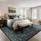 Dark Distressed Washable Area Rugs 9x12 Living Room, Black Vintage Medallion Printed Big Carpet Rugs for Bedroom, Washable Non Slip Low Pile Thin Rugs for Dining Room Home Office