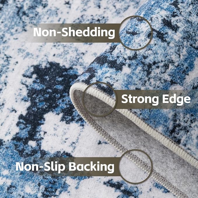 Area Rug 9x12 Washable Rug Blue for Living Room, Dining Room, Bedroom, Large Carpets, Non Slip & Non-Shedding Low Pile Vintage Print Rug for Home Office Decor