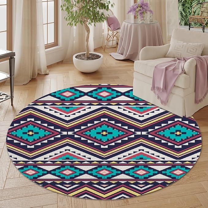Native Tribal Geometry Round Rug Vintage Blue White Living Room Bedroom Area Rug Non Slip Soft Low Pile Washable Indoor Floor Carpet for Dining Room Kitchen Office Entryway 3ft