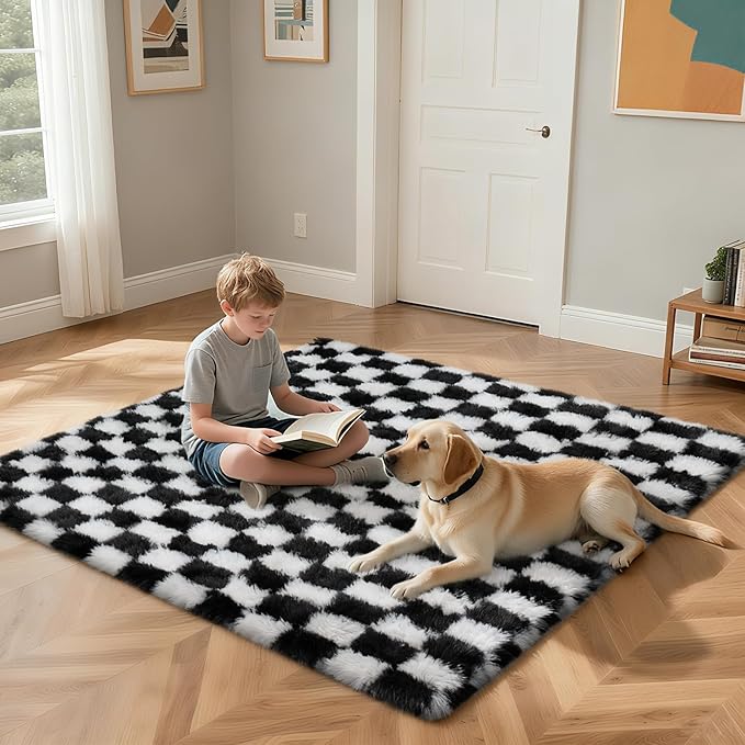 Checkered Rug for Bedroom, 4x6 Black and White Area Rugs, Classic Checkered Carpets Shaggy Area Rug, Bedside Rugs for Living Room Bedroom Kids Room Home Decor