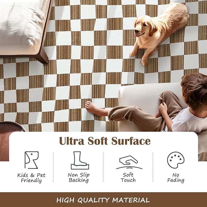 jinchan Runner Rug 2x6 Hallway Washable Modern Checkered Geometric Lattice Kids Bedroom Rug Indoor Floor Cover Non Slip Soft Carpet for Nursery Room Kitchen Laundry Room Home Brown