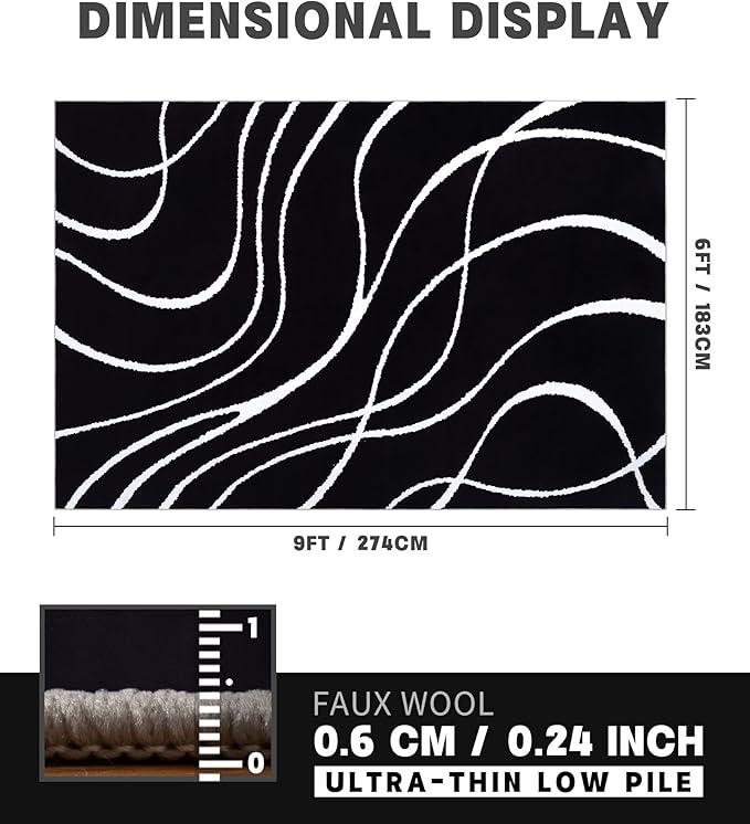 YIHOUSE Black Modern Area Rug 6x9,Abstract Rugs for Bedroom,Black and White Geometric Rug,Minimalist Striped Rug,Dark Washable Area Rugs 5x7 Non Slip Rugs for Living Room，Office
