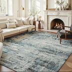 Area Rug 8x10 Washable Rug Blue for Living Room, Dining Room, Bedroom, Large Carpets, Non Slip & Non-Shedding Low Pile Vintage Print Rug for Home Office Decor