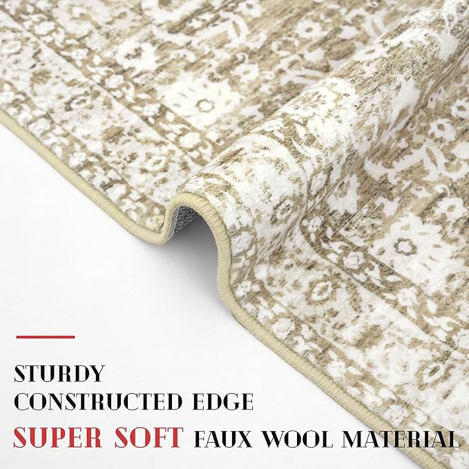 Vintage Floral 3x5 Rug, Beige Tan White Entryway Rug Neutral Small Area Rug Washable Non-Slip Throw Rug, Thin Printed Faux Wool Kitchen Rugs Super Soft Capet for Entrance Bedroom Office