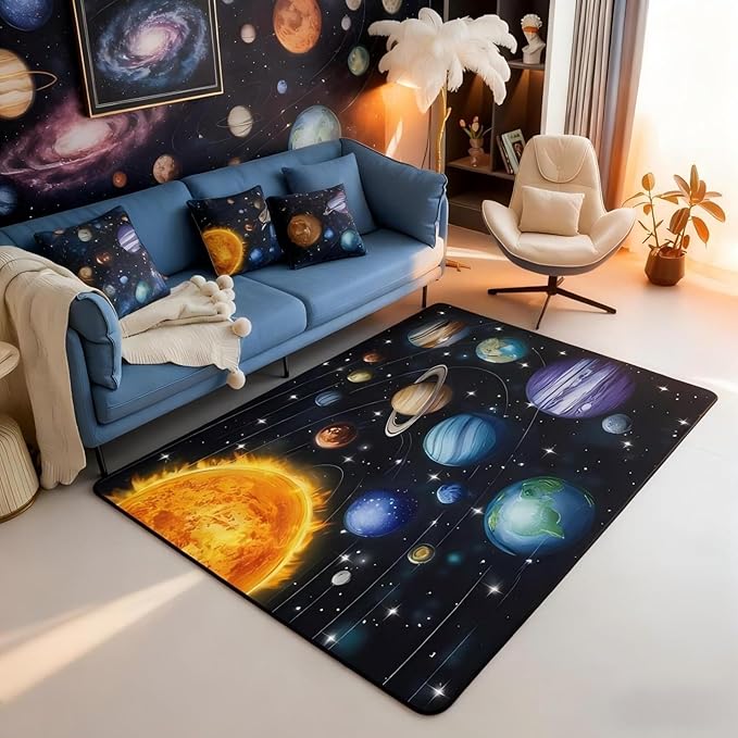 Planet Large Area Rug 5x7 Solar System Outer Space Living Room Rug | Universe Galaxy Rugs for Bedroom, Cosmic Earth Star Carpet Indoor Floor Mat