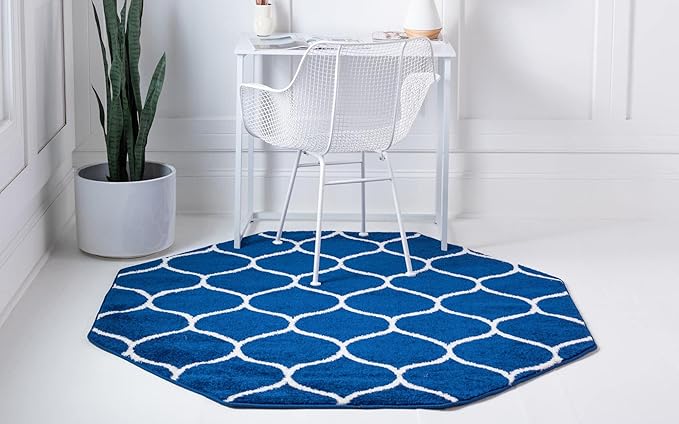 Rugs.com Lattice Frieze Collection Rug – 5' Octagon Navy Blue Medium Rug Perfect for Living Rooms, Kitchens, Entryways