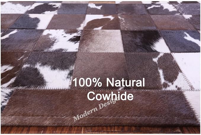 Modern Design Premium Cowhide Leather Carpet with Chevron Pattern, Area Rug (Brown/White-1, 5x8)