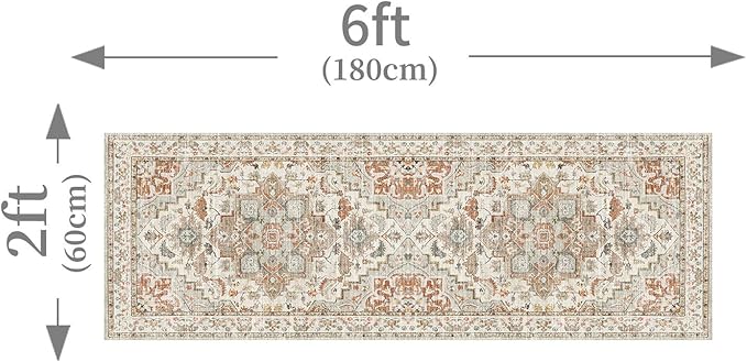 Enkor Runner Rugs for Hallway, 2x6 Washable Soft Boho Non Slip Floor Rugs for Kitchen, Modern Mat for Living Room Bedroom Entryway Beige & Orange