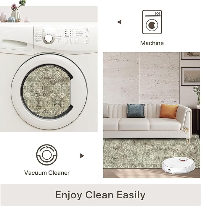Bavni Area Rug 5x7 Machine Washable Vintage Distressed Print Ultra-Thin Chenille Bedroom Living Room Accent Rug, Low Pile Lightweight Non Slip with Gripper, Forgotten Sandstone