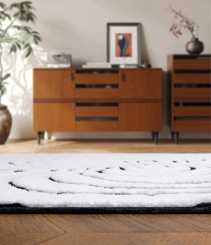 YIHOUSE Modern Rugs for Living Room 5x7, Washable Black and White Bedroom Rug, Fluffy Geometric Dining Room Rugs for Under Table Home Decor