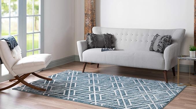Rugs.com Lattice Trellis Collection Rug – 5' x 8' Blue Low-Pile Rug Perfect for Living Rooms, Large Dining Rooms, Open Floorplans