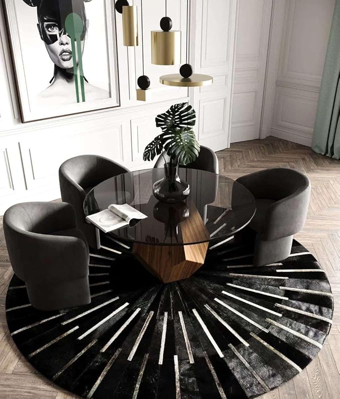 Sn Alef Home Round Designer Rug for Living Room | Handcrafted Black & White Boho Floor Carpet | Modern Ethnic Circular Mat for Home Décor & Meditation Space (Black_3x3)