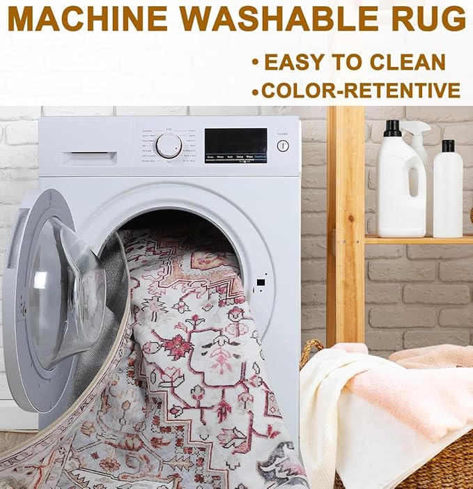 Runner Rug 2×6, Machine Washable Non-Slip Vintage Area Rug, Low Pile, Indoor Carpet Printed Floral Rugs for Living Room, Entryway, Kitchen, Bedroom,Beige