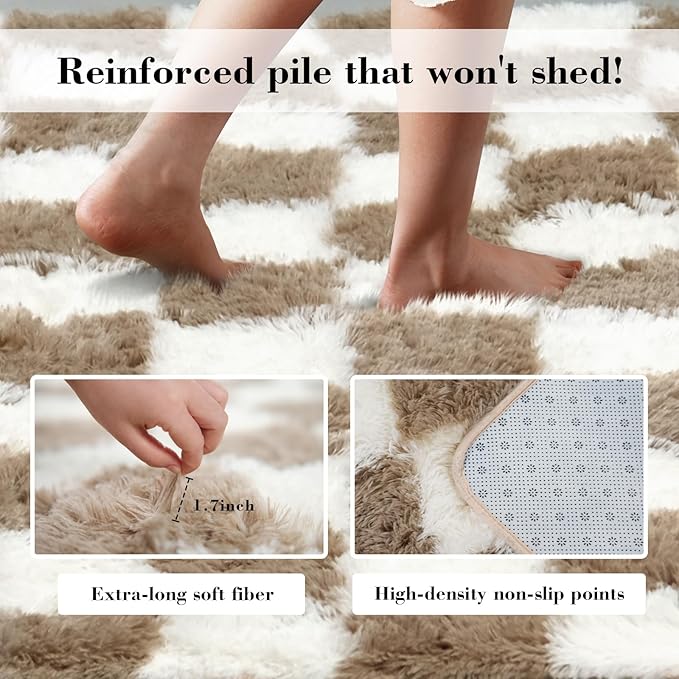 Checkered Rug for Living Room, 6x9 Beige and White Area Rugs, Classic Checkered Carpets Shaggy Area Rug, Bedside Rugs for Living Room Bedroom Kids Room Home Decor