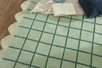 Mint Green Scalloped Edge Wool Area Rug with Checker Grid Design, Hand-Tufted Soft Carpet for Living Room, Bedroom, Nursery, Kids & Playroom Décor - 5x5 Ft (Round)