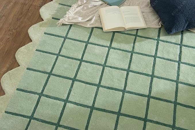 Mint Green Scalloped Edge Wool Area Rug with Checker Grid Design, Hand-Tufted Soft Carpet for Living Room, Bedroom, Nursery, Kids & Playroom Décor - 7x7 Ft (Round)
