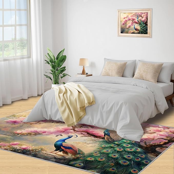 Peacock Magnolia Rug Small - 4x5 Rug, Pink Magnolia Washable Rugs for Living Room, Classic Carpet, Peafowl Non-Slip Area Rugs for Bedroom, Aesthetics Carpet - Peafowl Home Decor & Gifts