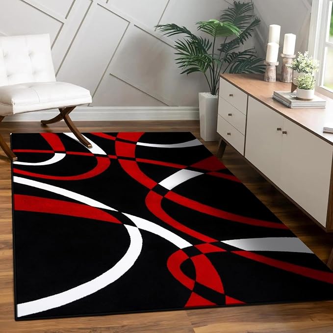 2305 Geometric Abstract Red Black 6x9 Area Rugs for Living Room