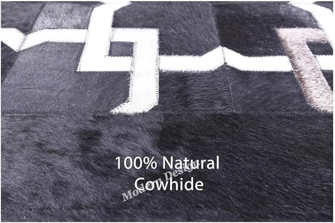 Modern Design Premium Cowhide Leather Carpet with Chevron Pattern, Area Rug (Black/Grey/White, 6x9)