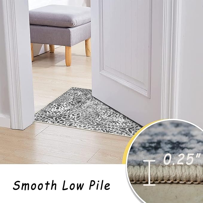 vivorug 5x7 Area Rugs - Ultra-Thin Washable Rug with Non-Slip Backing, Ideal for Living Room, Bedroom, Kitchen Floor Carpet - Vintage Medallion, Easy Clean, Durable, Grey
