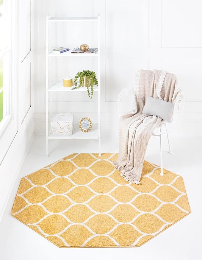 Rugs.com Lattice Frieze Collection Rug – 7' 10 Octagon Yellow Medium Rug Perfect for Living Rooms, Kitchens, Entryways