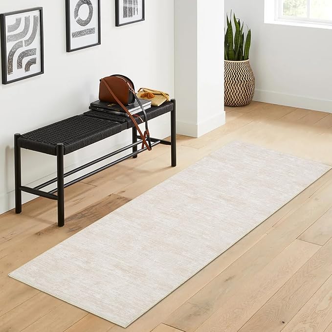 RUGSREAL Modern Runner Rug 2.5x8 Stain Resistant Washable Kitchen Runner Carpet ith Rubber Backing Low Pile Contemporary Solid Color Entryway Mat Ultra Soft Rug for Living Room Bedroom, Beige