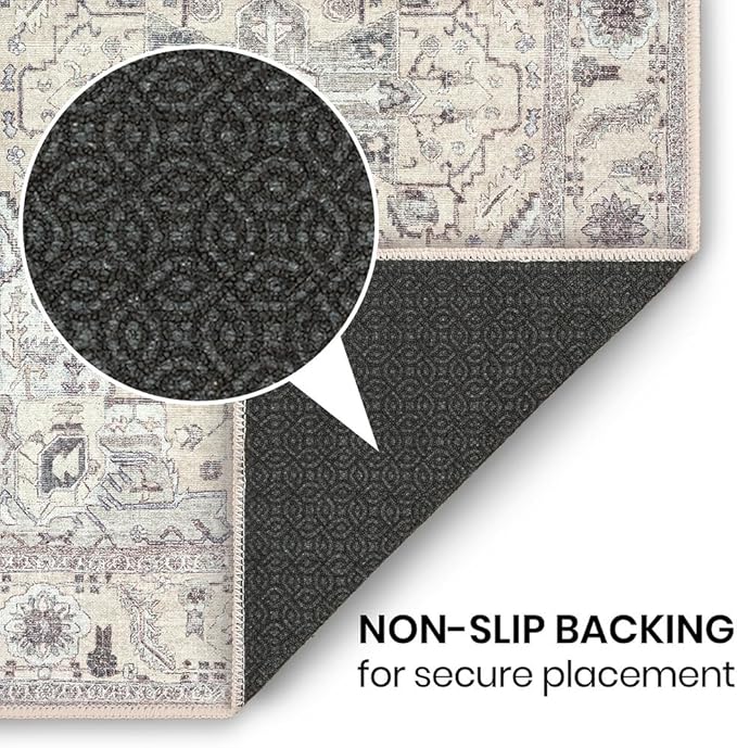 GLN Rugs Traditional Collection - Machine Washable Area Rug, Traditional Washable, Non Slip, Low Pile Chenille Rug, Living Room, Bedroom, Kitchen Rug (5' x 7' Cream/Gray)