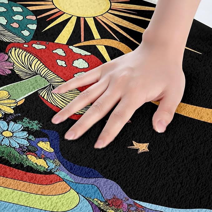 Erosebridal Trippy Mushroom Rugs Groovy Floral Fluffy Rugs Rainbow Striped Indoor Entry Rug 16x24 Hippie Boho Eye Non Slip Bathroom Carpet Starry Night Floor Mats 70s Theme Decor