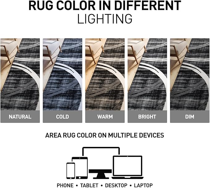 Rugshop Modern Wavy Circles Design Area Rug, Fade-Resistant Carpet for Living Room, Bedroom, or Dining Room, Black, 6'6" x 9'