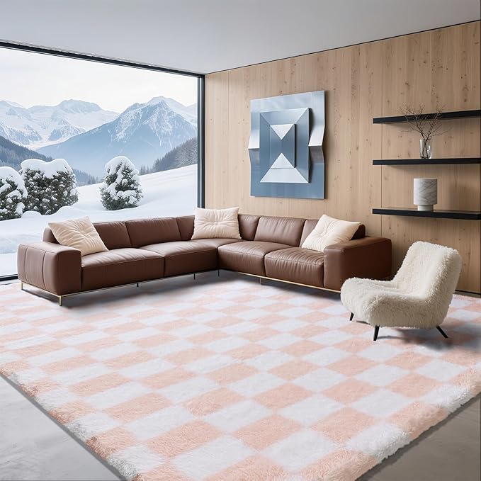8x10 Area Rugs for Living Room Bedroom, Soft Fluffy Shaggy Bedside Rug, Indoor Floor Carpet for Kids Playroom, Dorms, Nursery Rooms, Home Decor (Pink & White 8'x10')